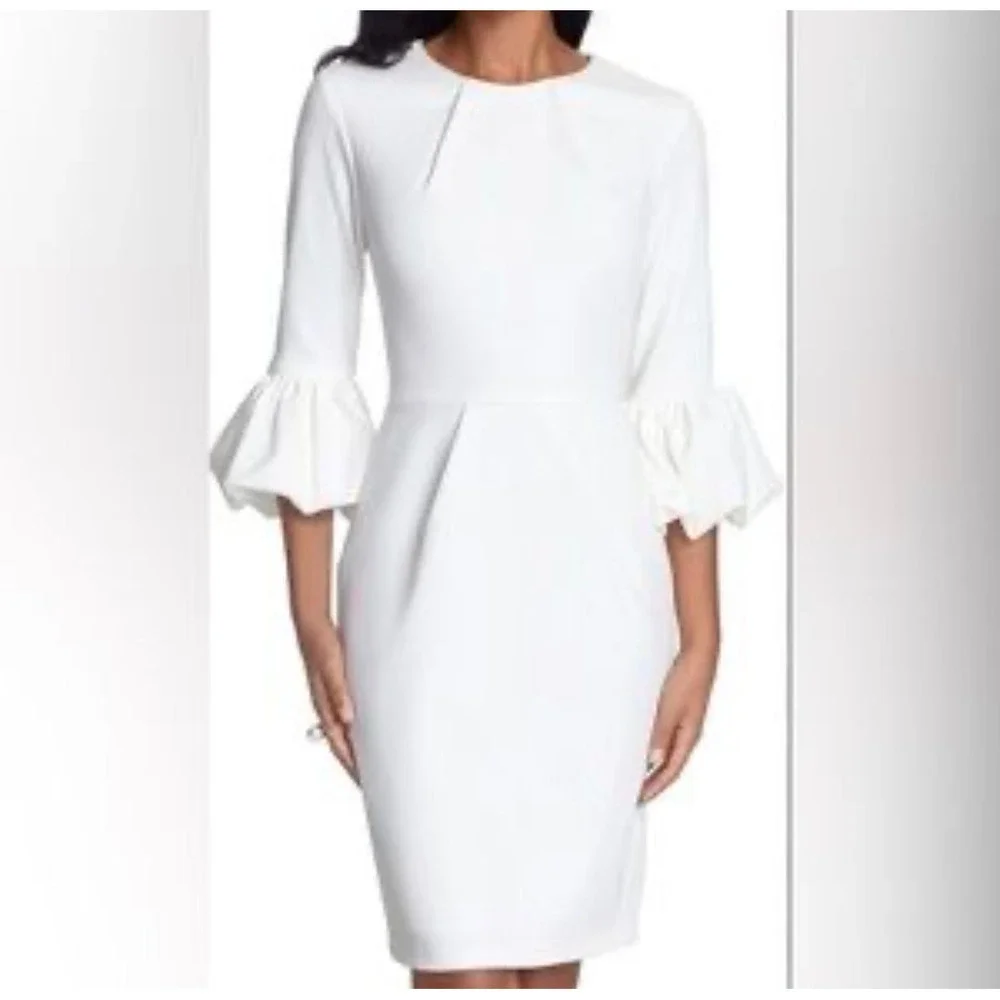 Betsy & Adam Sheath Dress Womens 6 White Ruffle Cuff Sleeve Cocktail Bridal Part
